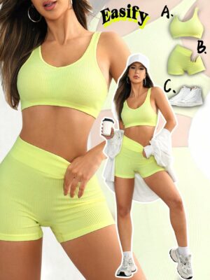 Women’s Solid Color Ribbed Bra And Shorts Yoga Workout Set,Women Tennis Outfit