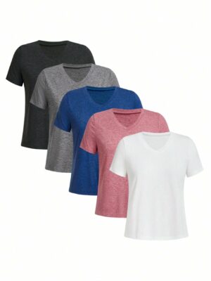 Women’s Fashionable Solid Color Casual Sport T-Shirt Set, 5pcs