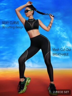 Solid Color Breathable Mesh Cut Out Women Sport Sets, 2 Pieces Set, Push Up Sports Bra & Butt-Lifting Leggings,Summer Workout Gym & Daily Casual Outfits,Y2K,Spandex Leggings,Workout Set,Tracksuit